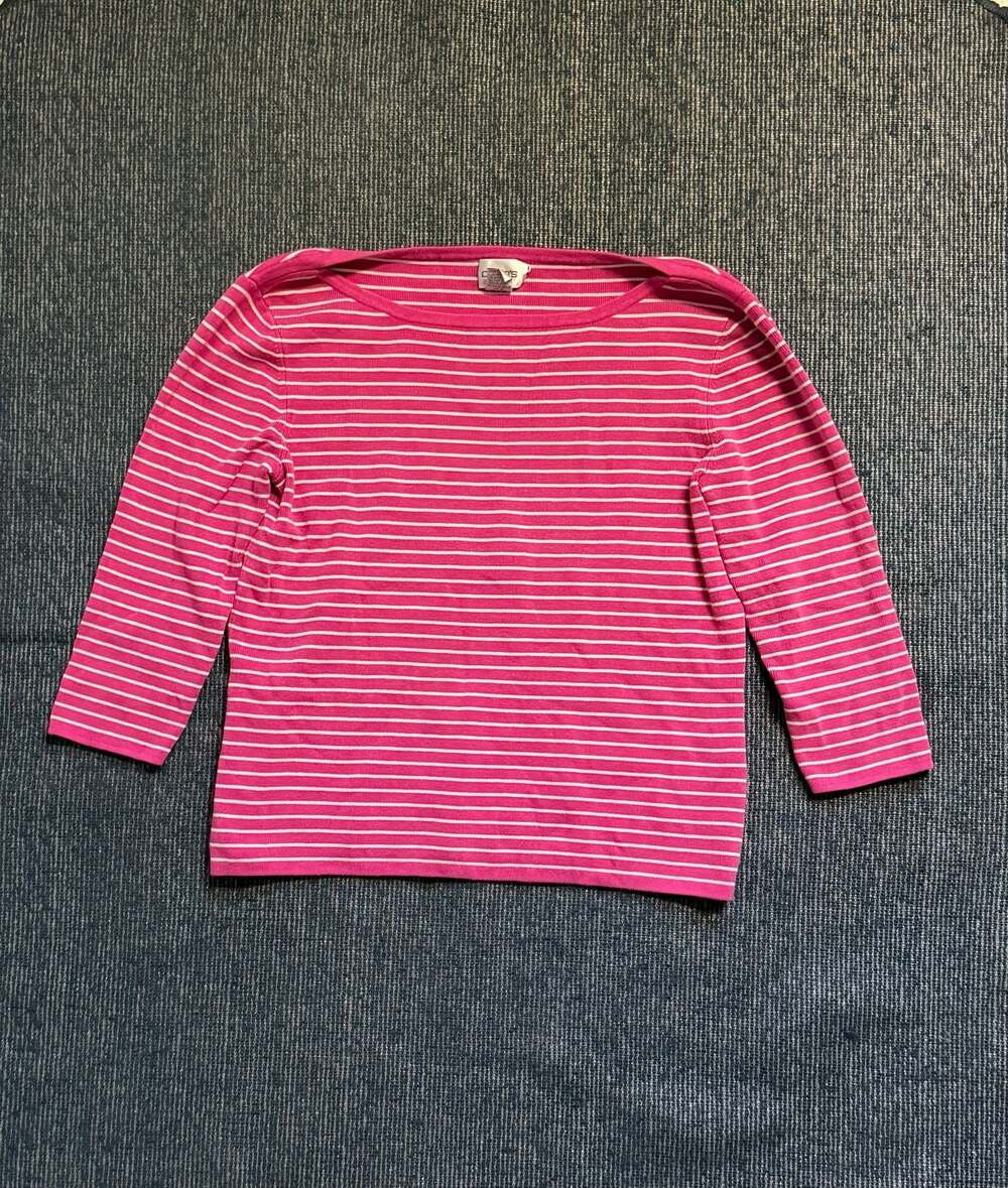 Chico's Women's Pink and White Striped 3/4 Sleeve Silk-Blend Boat Neck Top